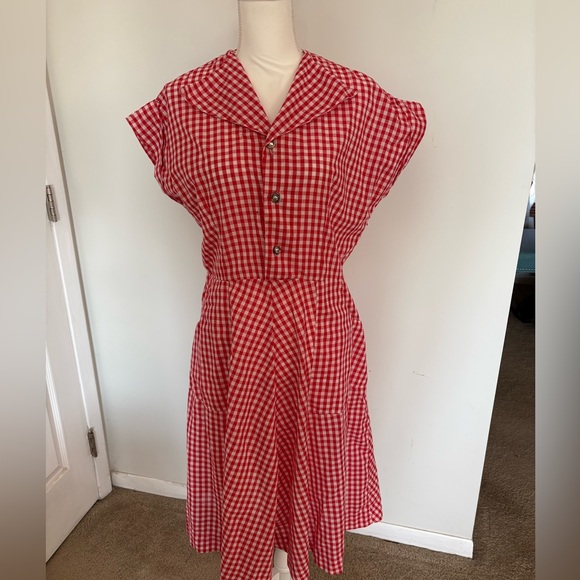 Handmade Red Gingham fit and flare Dress Pockets Vintage Style - Picture 3 of 9